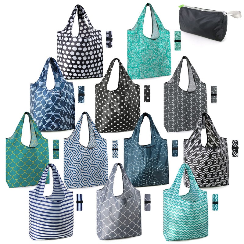 BeeGreen Reusable Grocery Bags Lightweight Durable Shopping Bags Washable Foldable 12 Pack Xlarge Classic Geometric Design Gift Tote Grocery Bags with Elastic Band and Separated Zipper Storage Pouch - Image 1
